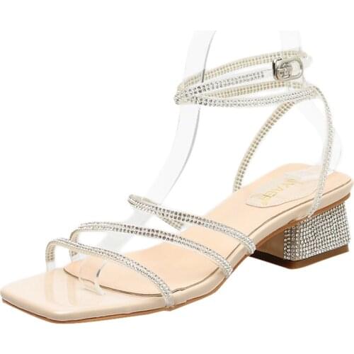 Fashion One-Word Buckle Gladiator Thick High Heels Sandals Shoes Women 2022 Summer Korean Bling Rhinestone Open-Toe Lady Sandals