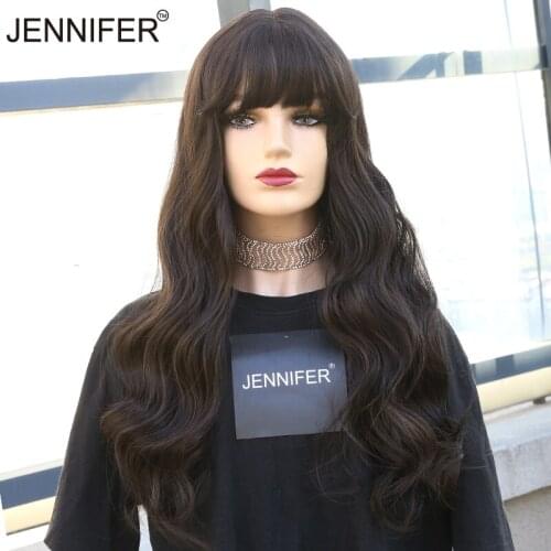 Synthetic Wigs For women Brown/Pink Brown/Black/White tea Long Nature Wavy Wig with bangs Full Mechanism Heat Resistant wig