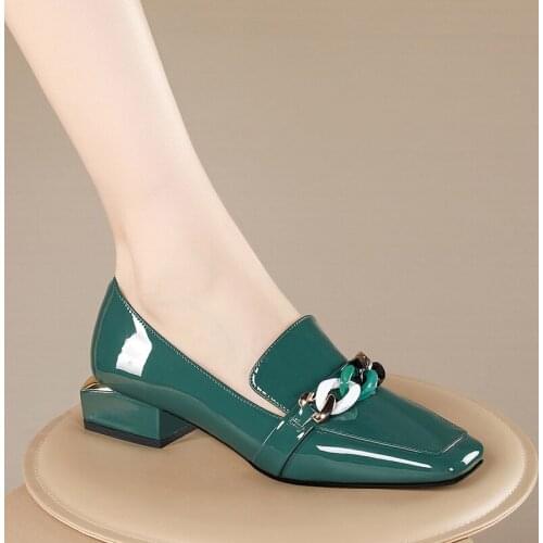 SKLFGXZY Women Genuine Leather Pumps Ladies Metal Chain Loafers Female Thick Heels Spring Shoes 2021