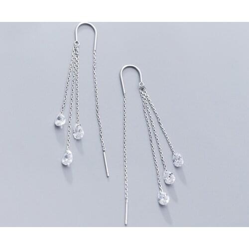 MloveAcc Vintage 925 Sterling Silver Clear Waterdrop CZ Tassel Ears Dangle Drop Earrings Femme Brincos Jewelry