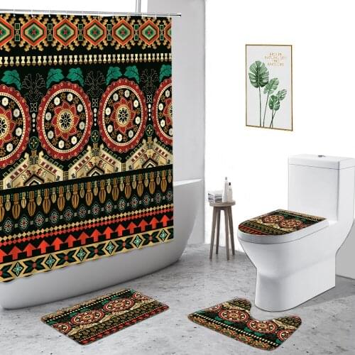 Bohemian Shower Curtain Ethnic Style Pattern Home Decoration Background Bathroom Non-Slip Carpet Fabric Bath Curtains With Hook