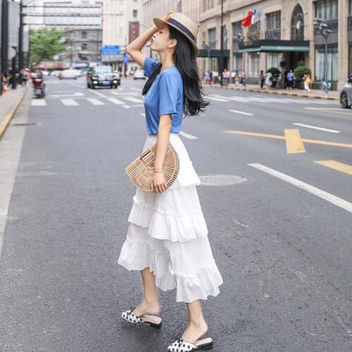 Women Skirt Summer Chic Irregular Preppy Style Elastic Waist Ruffles Female White Cotton Skirts with Lining 2020 Midi jupe femme