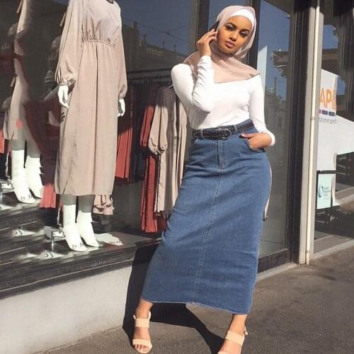 High Waist Muslim Skirt Denim Long Stretch Islamic Denim Skirts Womens Musulmane Femme Abayas Dubai Turkey Arabic Maxi Skirts