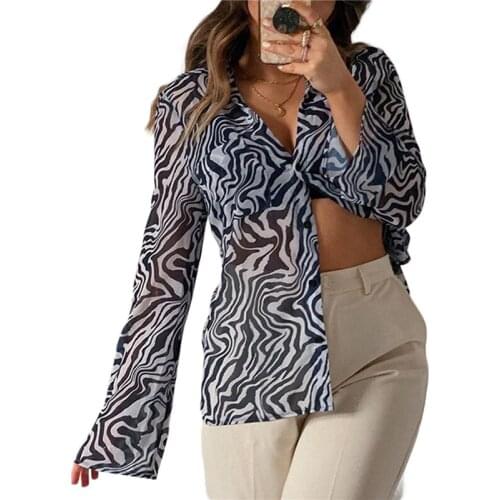 Women Casual Shirt Irregular Print Turn-Down Collar Long Sleeve Blouse Single-Breasted Tops for Summer Fall Gray Sping Tops