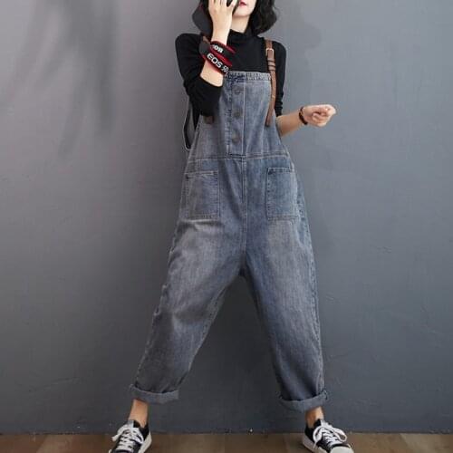Plus Size Womens Denim Blue Jumpsuits 2021 Vintage Casual Overalls Strap Rompers Female Button Straight Pant Solid Washed Turnip
