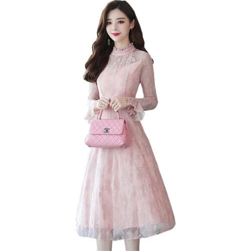 2019 Spring Autumn Women Long Sleeve Lace Dress Big Size Dress Elegant Slim Lady Long Dressess Vestidos Winter Bottomings WZ701