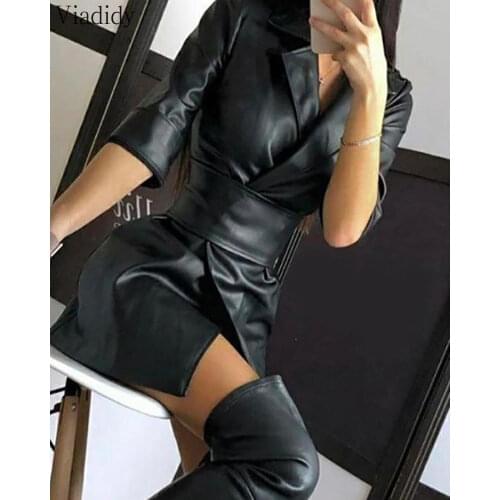 PU Leather Blazer Dress Women Turn-Down Collars With Belt Dresses Office Lady Casual Outfits