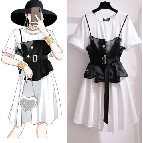 Big size womens fat sister summer 2021 new suspender one shoulder dress two piece suit looks thinner A-LINE Mid-Calf
