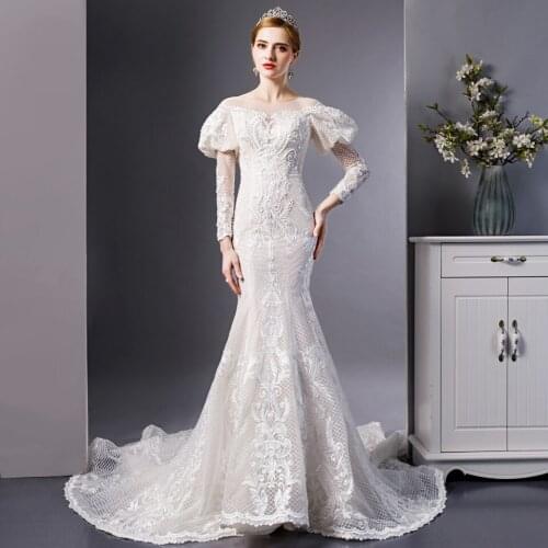 6101 vestido novia manga larga trumpet wedding dress mermaid 2020 puff sleeve lace up back robe de mariage sirene long train