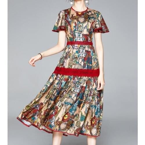 Womens spring summer short sleeve vintage print dress female runway fashion high waist plus size medium long dress TB795