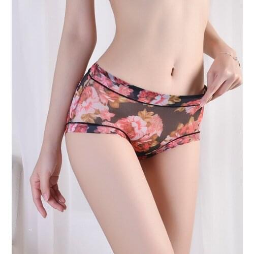 Women 's Sexy and Breathable Printed Mesh Underwear Lace Seamless Comfortable Mid Waist Briefs Floral Cotton Panties 062