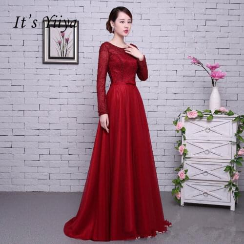Its YiiYa Red Long Sleeves Beading Backless Tulle Flower Lace Up Luxury Party Formal Dress Floor Length Evening Dresses LX062