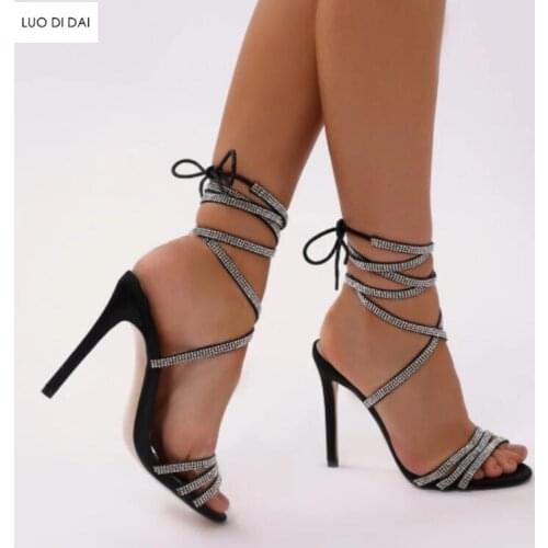 2020 women fashion party shoes glitter diamond sandals rhinestone sandals point toe sandals lace up high heels 12cm heel
