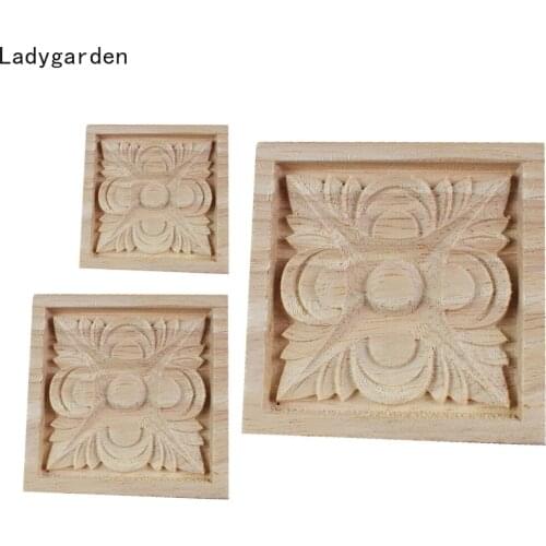 4PCS 6/8/10cm Floral Wood Carved Decal Corner Appliques Frame Wall Furniture Woodcarving Sculptures Wooden Statues Crafts