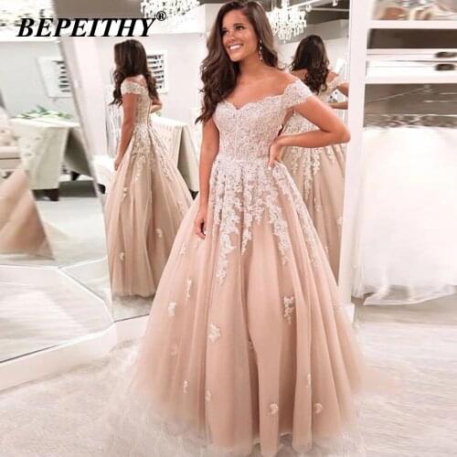 BEPEITHY Off Shoulder Evening Gown Long Luxury Party 2021 A-Line Sleeveless Champange Prom Dress For Women Plus Size New