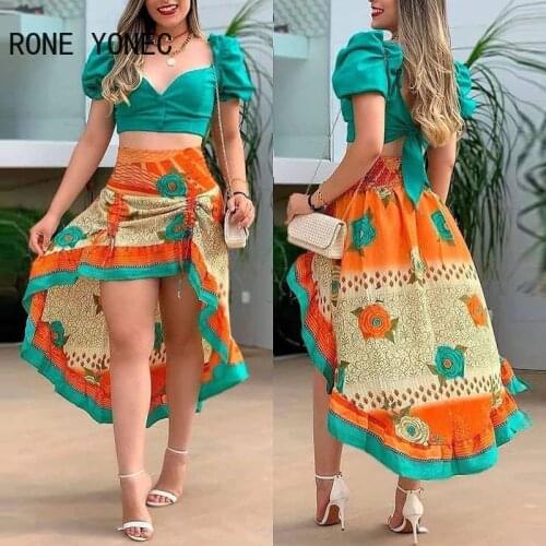 Women All Over Print Puff Sleeve Cropped Top With Skirt Skirt Sets Casual Suit