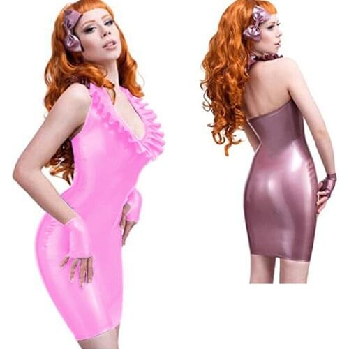 Women Halter Sleeveless Sexy Mini Dress wetlook faux leather pvc clubwear Catsuit Erotic fetish mini dress Pole Dance Clubwear