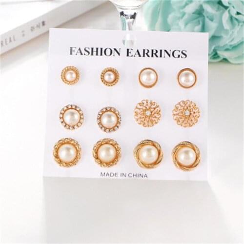 European and American retro inlaid rhinestone flowers artificial pearl earrings 6 piece combination set six pairs of golden earr