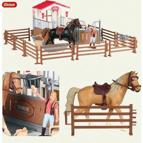 Oenux Farm Horse House Simulation Poultry Animals Stable Set Horseman Figurines Action Figures School Toy For Kids Birthday Gift