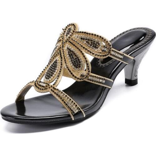 G-sparrow Korean Rhinestones Black Stiletto Thick High Heels Slippers Women Belt Buckles Shoes 6cm