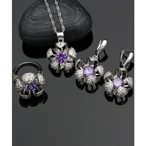 925 Silver Jewelry Sets Natural Purple White Zircon Decoration For Women Earrings/Pendant/Rings/Necklace Set
