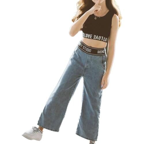 Kids Girls Clothes Sets 2Pcs Fashion Letter Vest Top Jeans Long Pants Outfits Childern Hip Hop Wearing School Casual Clothing