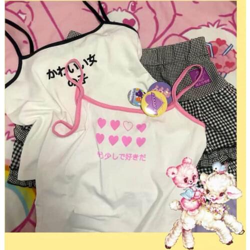 Kawaii Spring Summer College Style Japanese Soft Girl Cute Little Sling Student Korean Loose Y2k Crop Top Cami Camis Women