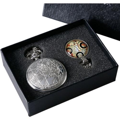 Fashion Doctor Who Quartz Pocket Watch Gift Set Dr. Who Symbols Silver Necklace Pendant Women Mens Fob Watches + Gift Box