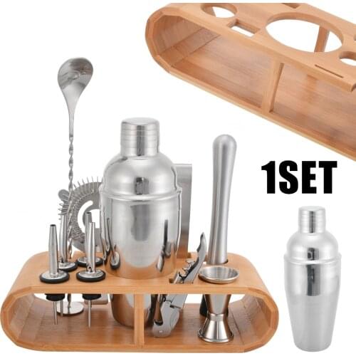 10Pcs/Set Cocktail Shaker Kit Stainless Steel Bartender Set Wooden Base Professional Bartender Bar Mix Drink Cocktail Set Tool