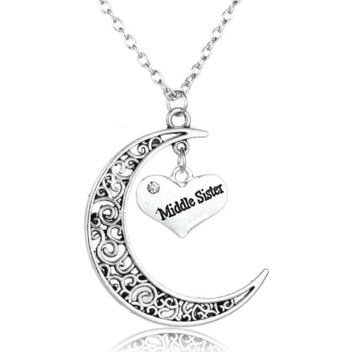 Charm Vintage Middle Sister Sis Heart Crystal Hollow Moon Pendant Necklace Rhinestone Family Cute Girl Choker Statement Jewelry