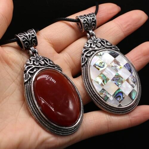 Natural Stone Necklace With Egg-Shaped Semi-Precious Pendant Leather Cord 2MM Charms For Elegant Women Love Romantic Gift