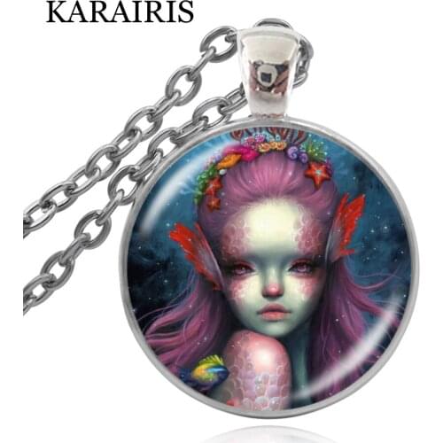 KARAIRIS 25mm Round Glass Mermaid Art Print Pendant Necklace Fish Choker Goddess Of The Sea Chain Necklace Girls Party Jewelry