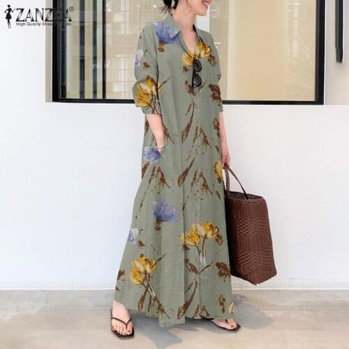 ZANZEA Fashion Women Long Shirt Dress Spring Lapel Neck Buttons Maxi Vestido Robe Femme Floral Printed Long Sleeve Sundress 5XL7