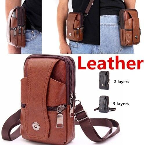 Men Leather Waist Bag Fanny Pack Large Capacity Belt Bag Brown Shoulder Bags Crossbody Bags Multi-layer buckle mobile phone bag