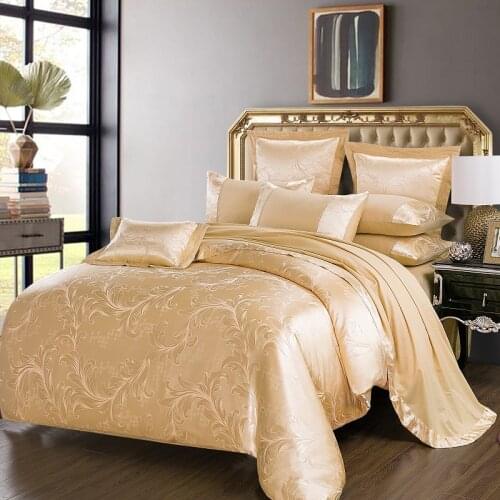 KELUO Luxury Satin Wedding jacquard mulberry silk bedding 100%cotton Embroideredincluding duvet cover bed sheet pillowcase Cream