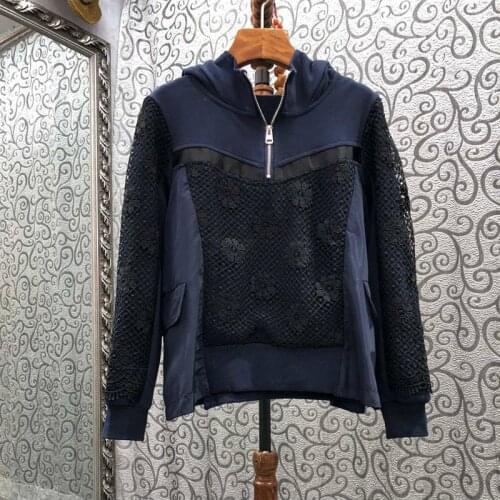 Hooded Sweatshirts 2021 Autumn Fashion Clothes Women Hollow Out Lace Embroidery Patchwork Long Sleeve Blue Black Loose Tops