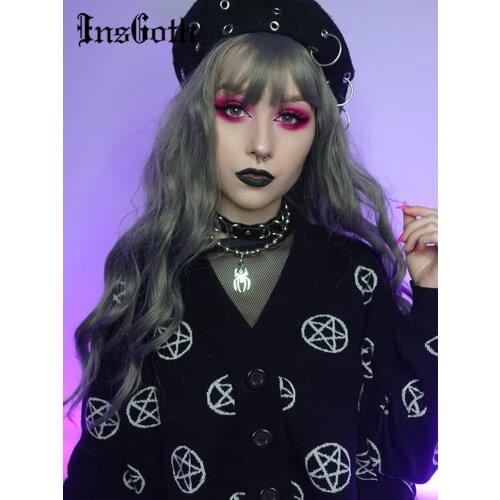 InsGoth Mall Gothic Black Star Print Cardigan Y2K Harajuku Fairy Grunge Oversize Sweater Coat Down Chic Long Sleeve Autumn Tops