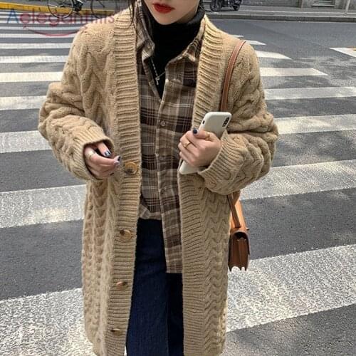 Aelegantmis Twisted Causal Long Knitted Cardigan Women Oversized Korean Loose Sweater Female Elegant Single-breasted Outwear