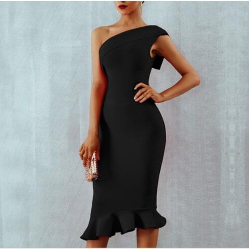 Womens Fishtail Slanted Shoulder Dress Slim Sexy Ruffled Elegant Solid Color Party Mid-Length Dress Summer 2020 New Sty