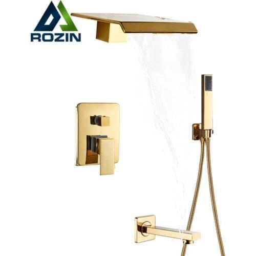 Golden Waterfall Shower Faucet Set Wall Mounted Bathroom Mixer Tap Bathroom Shower Set with Handshower