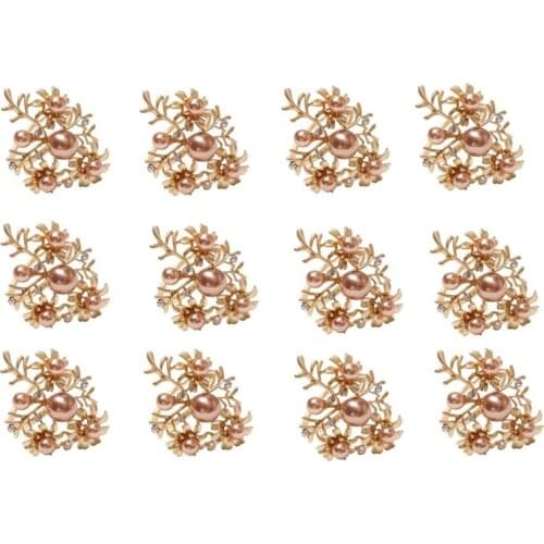 12 Pcs Wedding Holiday Gold Napkin Rings with Flowers Pearl Leaves Rhinestone Napkin Ring Party Decor ​for Dinner,Etc