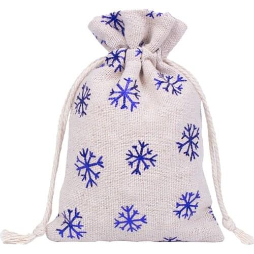 50pcs/lot 10x14cm Blue Snowflake Burlap Pouches Drawstring Jewelry Gift Packaging Bags Christmas Party Supplies