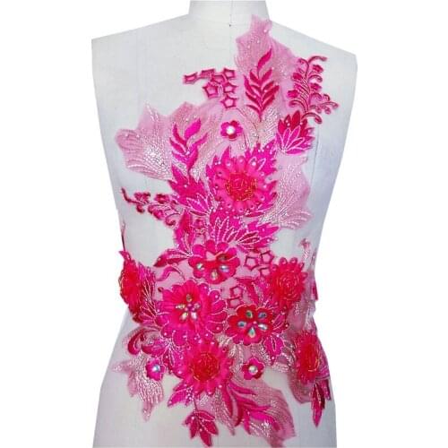 Red Lace Applique, Large 3D Flower Rhinestone Beads Applique, 1 Piece Of African Dress Bodice Patches, 7 Colors, Newest