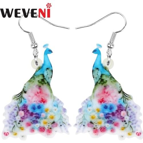 WEVEVI Acrylic Flower Elegant Peafowl Peacock Earrings Print Long Feather Animal Dangle Drop For Women Girls Charm Gift Jewelry