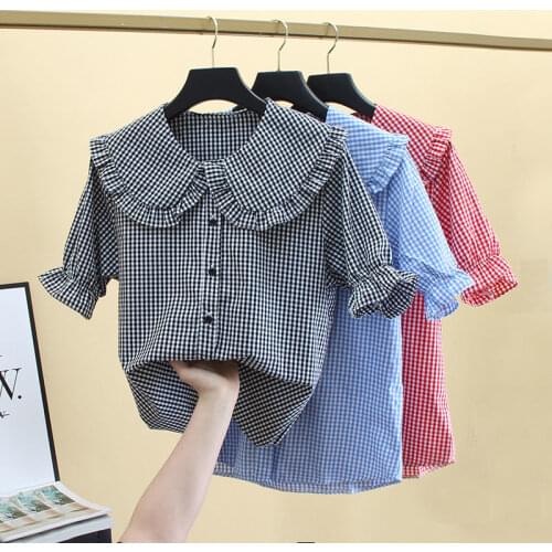 Blouse Women Shirt Plaid Short Sleeve Women Loose Summer Col Claudine Top Blusas Mujer De Moda