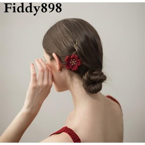 Elegant Wedding Hair Clip Red Flower Crystal Hair Pins Handmade Wedding Headpiece Bridal Hair Jewelry Tiara Party Headwear HD88