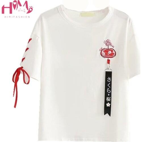 Japanese Harajuku Cute Graphic Women T Shirt Summer Vintage Floral Lace Up White Tops Mori Kawaii Ribbon Teen Girl Tee Shirts