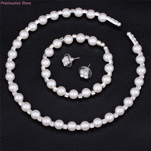 Crystal Faux Pearl Beads Beads Bracelet Earring Necklace Set Trendy White Simulated Pearl & Rhinestonex 12cm/4.7in