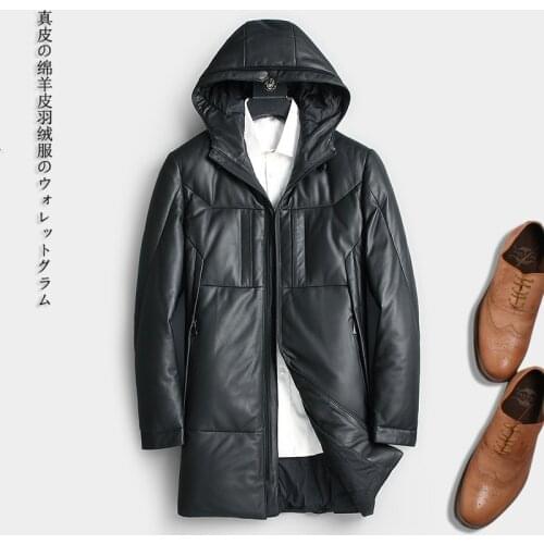 Genuine Leather Men Winter Sheepskin Coat Mens Down Jacket Long Hooded Jackets Chaqueta Cuero Hombre 218C KJ1286