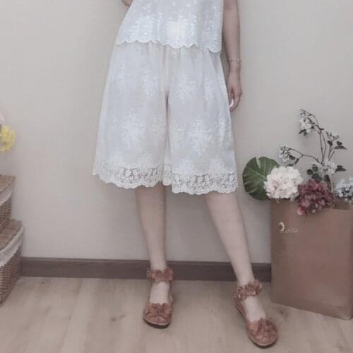 Lamtrip Literary Artistic Hollow Lace Patchwork Elastic Waist Embroidery Loose Wide-Leg Pants Cotton Shorts Summer Lolita